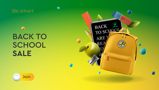 Back to school Sale, yellow backpack with apple and school supplies, vector illustration