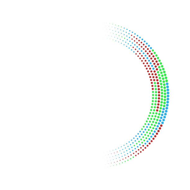 halbkreis aus orbitalen punkten, horizontalem größenverlauf und klebrigen farben auf weiß. - olaser stock-grafiken, -clipart, -cartoons und -symbole