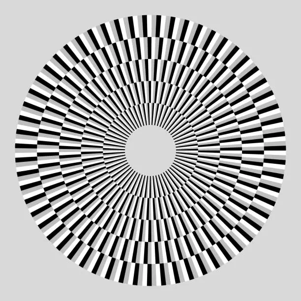 Vector illustration of Equal height and angle. Gray, black and white sectors on disk. In five concentric circles.