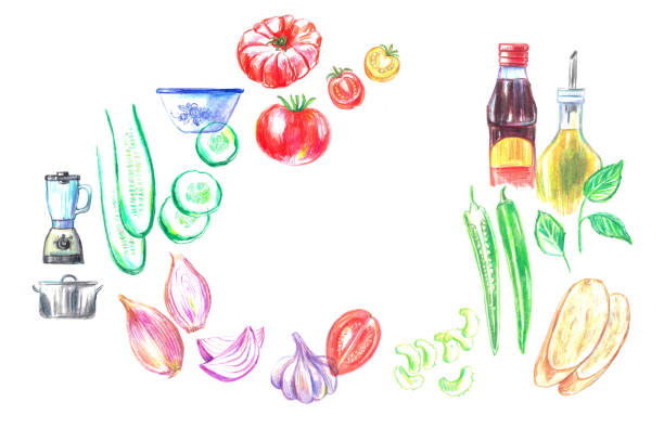 bildbanksillustrationer, clip art samt tecknat material och ikoner med hand drawn summer gazpacho soup recipe illustration and ingredients poster. - illustrationer med smoothie