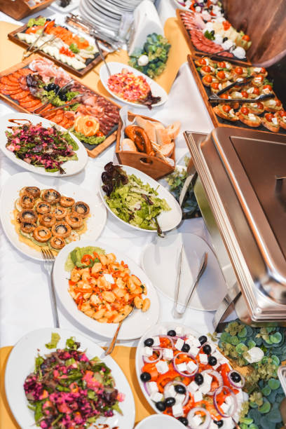 istock Buffet table with various types of food 1555421607