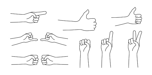Hand gestures isolated vector icon outline. Line art human hands show different signals, signs. Stickers for web, covers, print, icons, symbols, gesture concept.