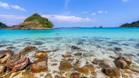 beautiful beach view Koh Chang island seascape at Trad province Eastern of Thailand on blue sky background , Sea island of Thailand landscape