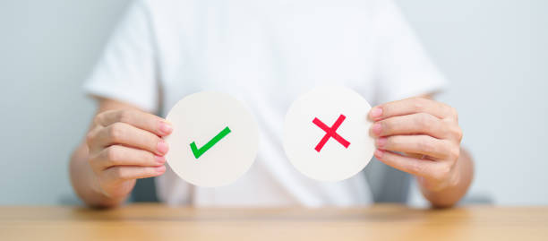 istock Woman show Wrong and Right symbol paper. True and false, accept and rejected, evaluation, Vote, Poll, Yes or No and Survey concepts 1555431521