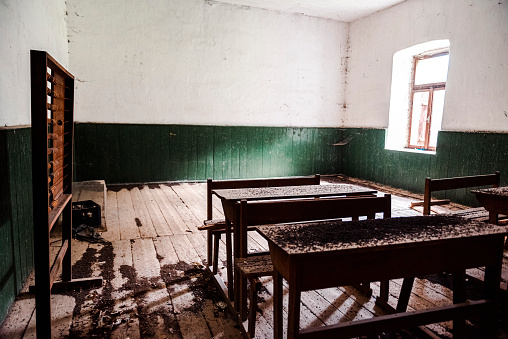 A classroom in an abandoned Yugoslavian school in the valley of Tara River Canyon