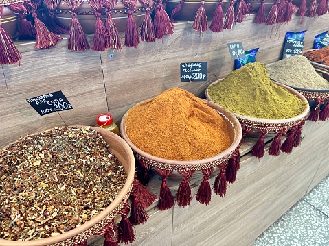 Traditional spices bazaar with herbs and spices in street old market in Sharm El Sheikh, Egypt. close up