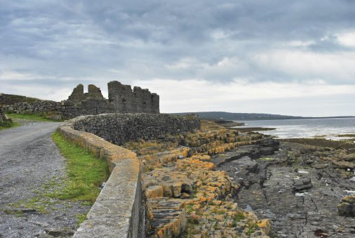 a view along the coast of one of the Aran islands. Street, wall and ruined construction