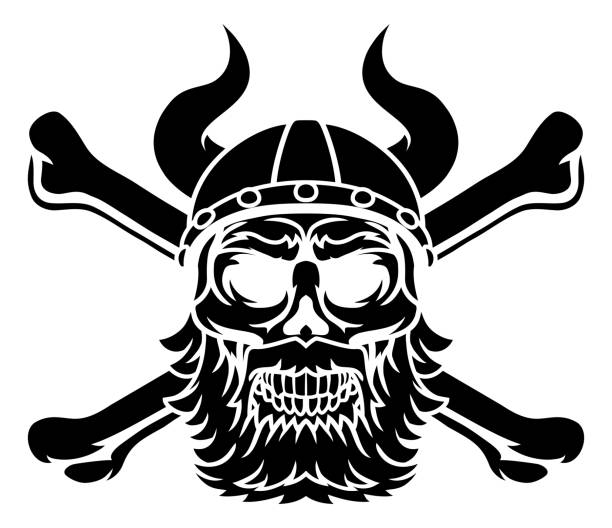 wikinger krieger helm totenkopf piratenkreuz knochen - viking mascot warrior pirate stock-grafiken, -clipart, -cartoons und -symbole