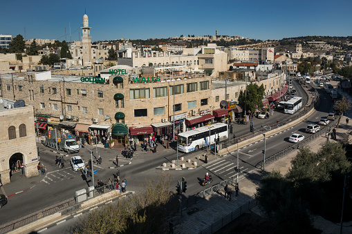 Panoramic lateral aerial view of Sultan Suleiman St in East Jerusalem, Israel