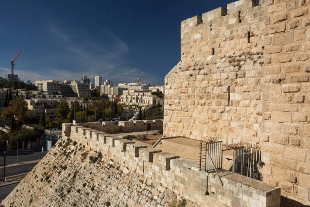 Horizontal view of the City of David walls in the Ramparts Walk Southern section, Old City  of Jerusalem