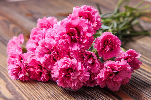 Bouquet of pink carnations on brown wooden background.