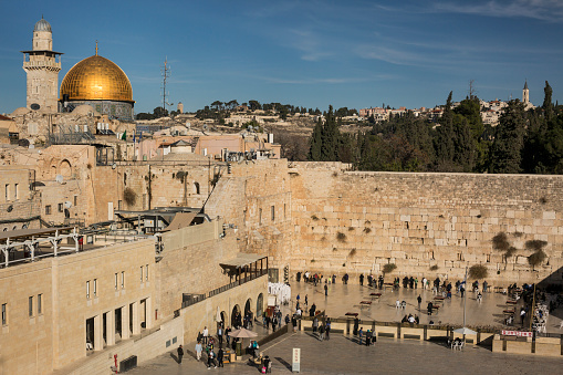 Panoramic view of the Western Wall, with the Dome of the Rock of the Al-Aqsa Mosque in the background, in the Old City of Jerusalem