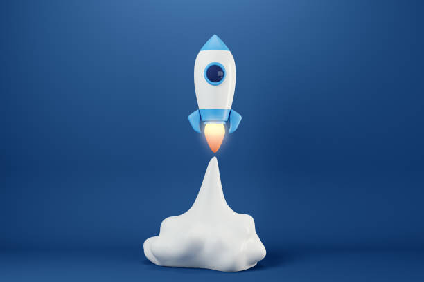 istock Start up and advertising campaign concept with launched rocket on dark blue background. 3D Rendering 1555451227