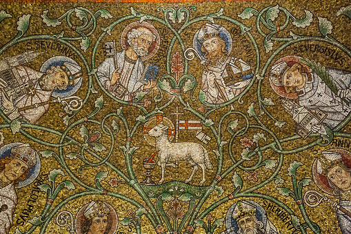 Ravenna - The symbolic mosaic of Lamb of God from the presbytery of church Basilica di San Vitale from the 6. cent.