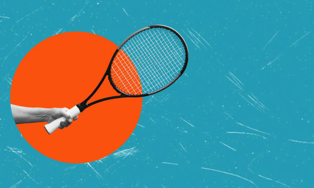 istock Art collage, hand, and tennis racket on blue background with copy space. 1555455559