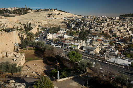 Panoramic aerial view of the Jewish Quarter and the Mount of Olives from the Ramparts Walk over the Old City wall of Jerusalem