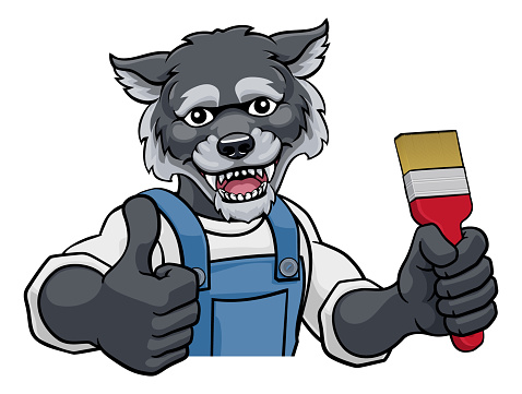A wolf painter decorator cartoon animal mascot holding a paintbrush peeking around a sign and giving a thumbs up