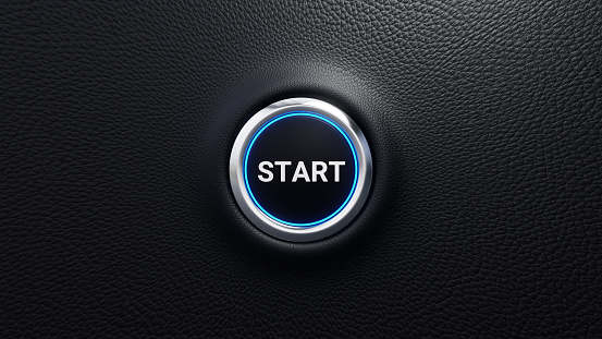 Start push button, Start and stop modern car button with blue shine, Just push the button, 3D rendered illustration