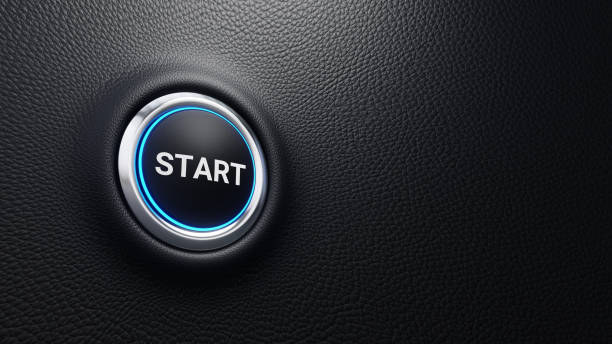 istock Start push button, Start modern car button with blue shine, Just push the button, 3D illustration 1555470099