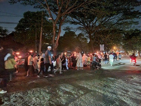 Bogor, Indonesia - July 18 2023: The torch parade carried out by kindergarten children is walking to celebrate the day of Muharram or the Islamic New Year