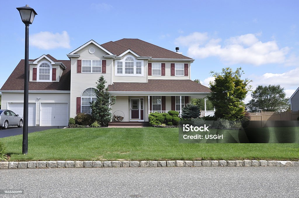Suburban Luxury Home Landscaped Front Lawn Residential Building Stock Photo