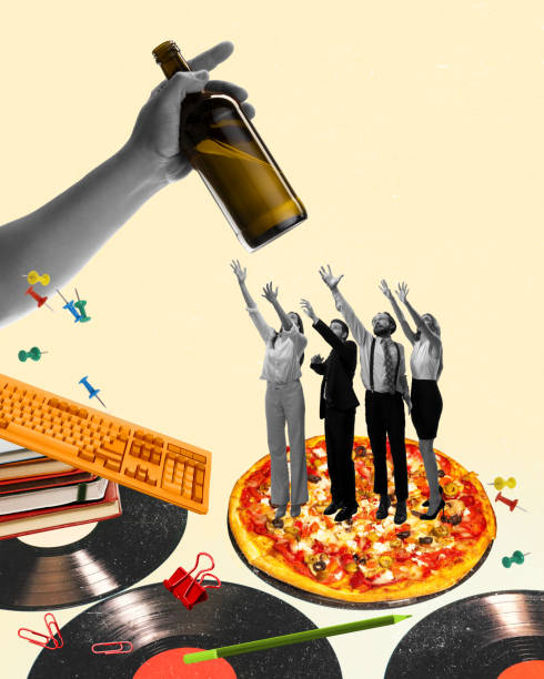 istock After work relaxation. Happy employees drinking beer, eating pizza. Friday chill and party. Contemporary art collage. 1555505859