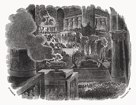 The Dedication of Solomon's Temple in Jerusalem (1 Kings 8). Wood engraving after an original by Jean-Charles Le Vasseur (1734 - 1816, French engraver and printmaker), published in 1835.
