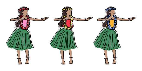 Three women hula dancing.　Hand-drawn line illustration