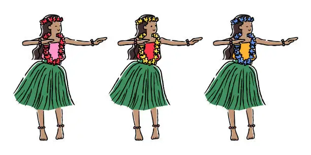 Vector illustration of Three women hula dancing.　Hand-drawn line illustration