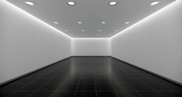 interior habitación vacía de estilo moderno suelo negro y paredes blancas decoradas led lightingt showroom en renderizado 3d. - blinds showroom decor home improvement fotografías e imágenes de stock