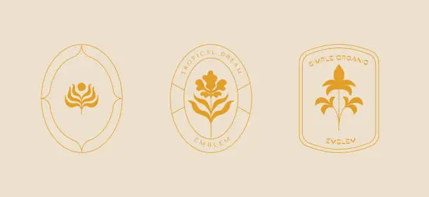 Vector illustration of Vector set of logo design templates and graphic elements, organic cosmetic, floral illustration in simple linear hand drawn style, plants and flowers, natural products emblems, for hand crafted small business, jewellery, artist, ceramics, candles