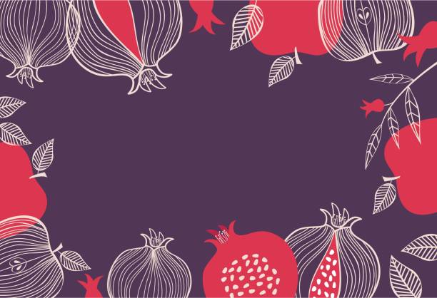 rosh hashanah design template with hand drawn pomegranate branches. shana tova lettering. translation from hebrew - happy new year - rosh hashanah stock illustrations