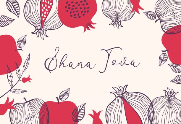 rosch haschana design-bannerschablone mit handgezeichnetem granatapfel, apfel und blumen. shana tova schriftzug. übersetzung aus dem hebräischen - frohes neues jahr - shanah tova stock-grafiken, -clipart, -cartoons und -symbole