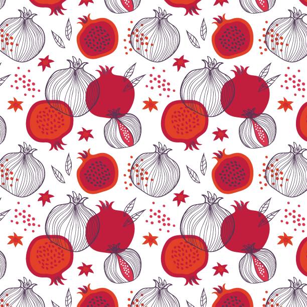 rosh hashanah pattern template with hand drawn pomegranate branches. shana tova lettering. translation from hebrew - happy new year - rosh hashanah stock illustrations