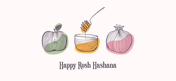 Vector illustration of Rosh Hashana, Jewish holiday. Translation from Hebrew - Happy New Year. Apple, honey and pomegranate Jewish New Year symbols and icons. Vector illustration