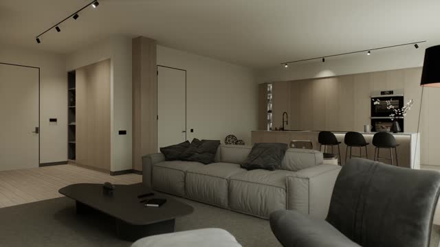 Interior of studio, living room and kitchen with open space. A large sofa with an armchair and a beautiful large minimalist kitchen. 3d animation