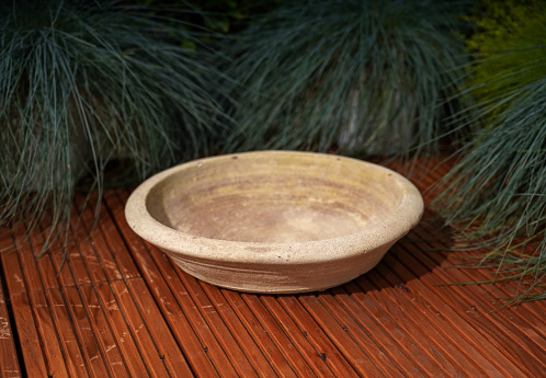 Ceramic Terracotta Clay Bowl on veranda at green plants background