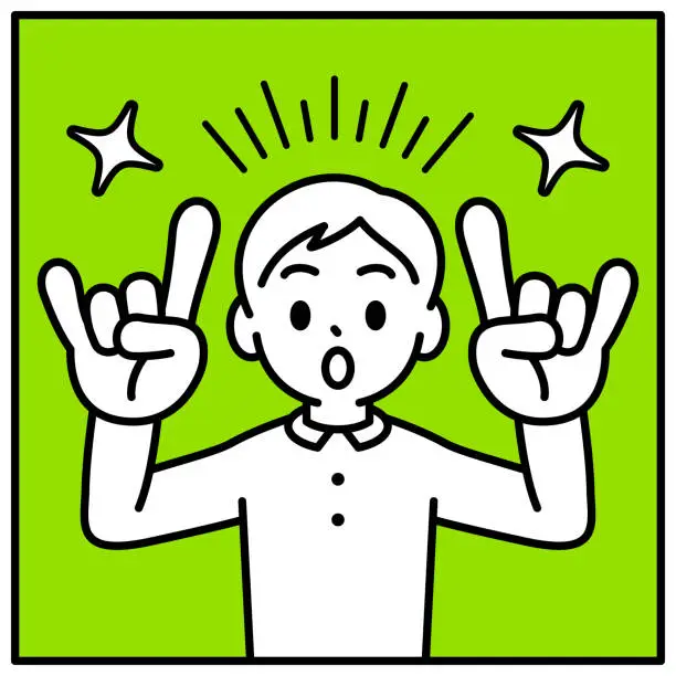 Vector illustration of A boy raises both his hands and gives a 