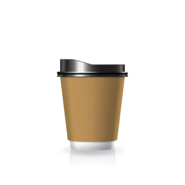 Vector illustration of Blank brown kraft paper-plastic coffee-tea cup white bottom with black lid in small size mockup template.