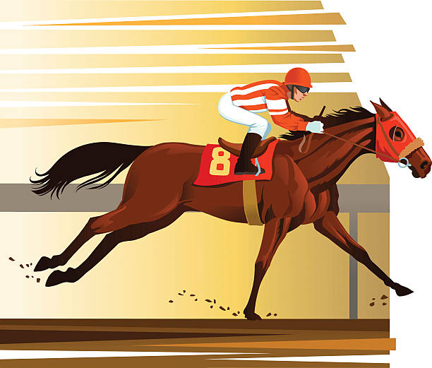 Purebred Horse Winning the Race Illustration of a horse and rider galoping at great speed towards the finnish line. Images are placed on separate layers for easy editing. High resolution JPG and Illustrator 0.8 EPS included. jockey stock illustrations