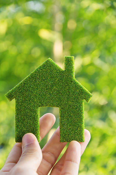 istock Hand holding small green eco house icon 155557787