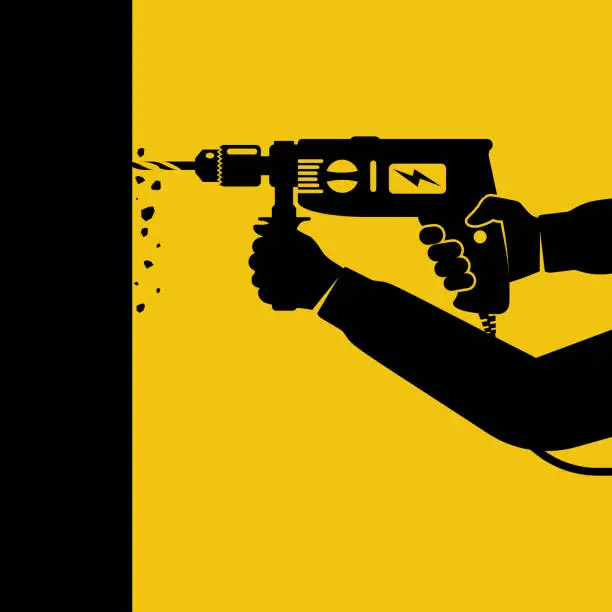 Vector illustration of Professional home worker drilling a concrete wall. Hand drill in the hands of a worker