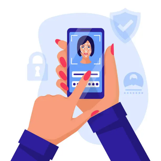 Vector illustration of Face authentication. Facial recognition system. Smartphone hold in hand woman.