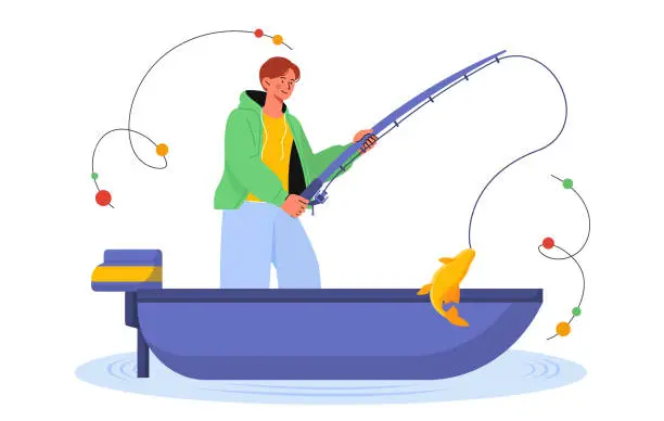 Vector illustration of Fisherman at boat vector concept