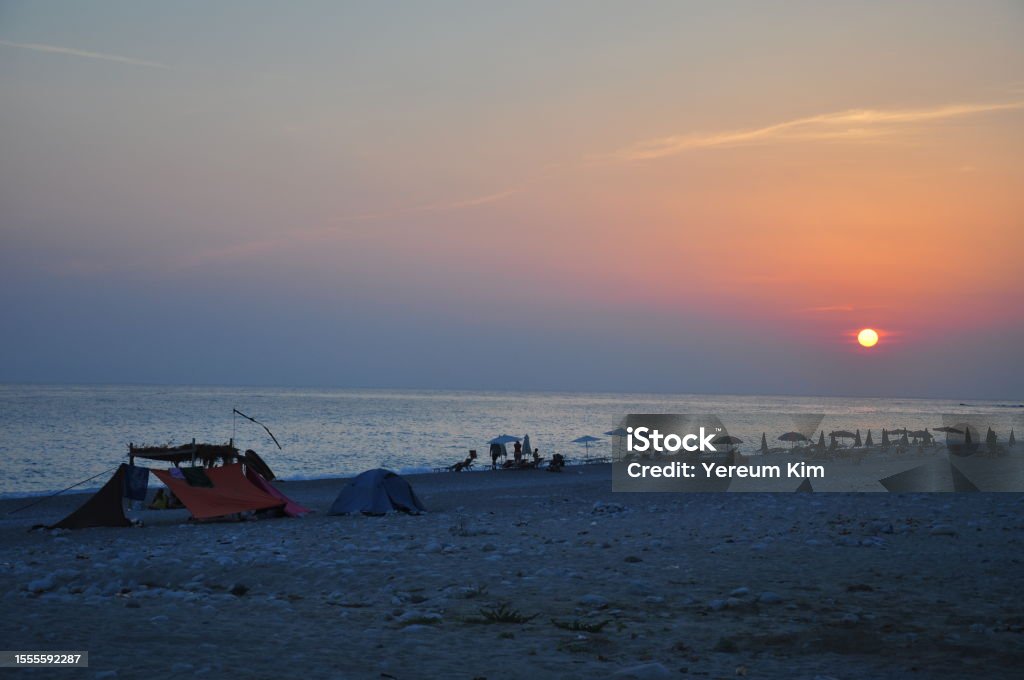 Sunset in the sea South Albanian coast travel, Dhermi Adventure Stock Photo
