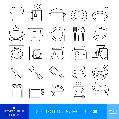 Set of icons - Cooking and Food (25 icons). Editable stroke.