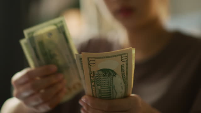 Finance at home woman counts money for family