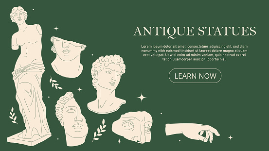 Antique statues banner concept. Marble sculptures of people and busts. Historical exhibition in museum. Ancient creativity and art. Landing page design. Cartoon flat vector illustration
