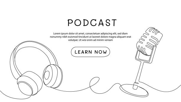 One line podcast banner vector concept One line podcast banner concept. Microphone and headphones. Inventory for recording and listening to audio files. On air live stream and broadcast, radio. Linear flat vector illustration radio dj stock illustrations
