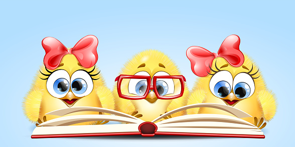 Cartoon funny little Chicks  reading big red boook. Back to school concept